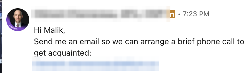 LinkedIn DM reply asking to arrange a brief phone call, name and email blurred